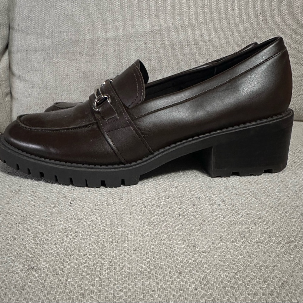 Marc Fisher Dancel Dark Brown Heeled Leather Loafers Lug Sole and Silver Accent - Picture 6 of 7